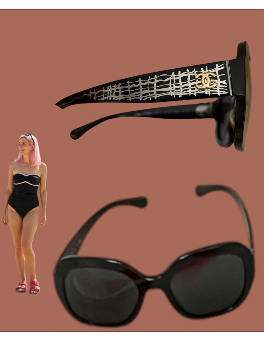 CHANEL Black Oval Sunglasses with Gold CC Logo and Silver Plaid Temple
